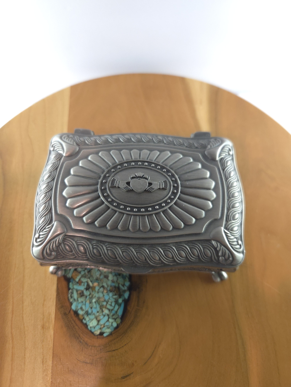 Mullingar Pewter Claddagh Jewelry Box Celtic Irish, Blue Velvet, Vintage 1980s